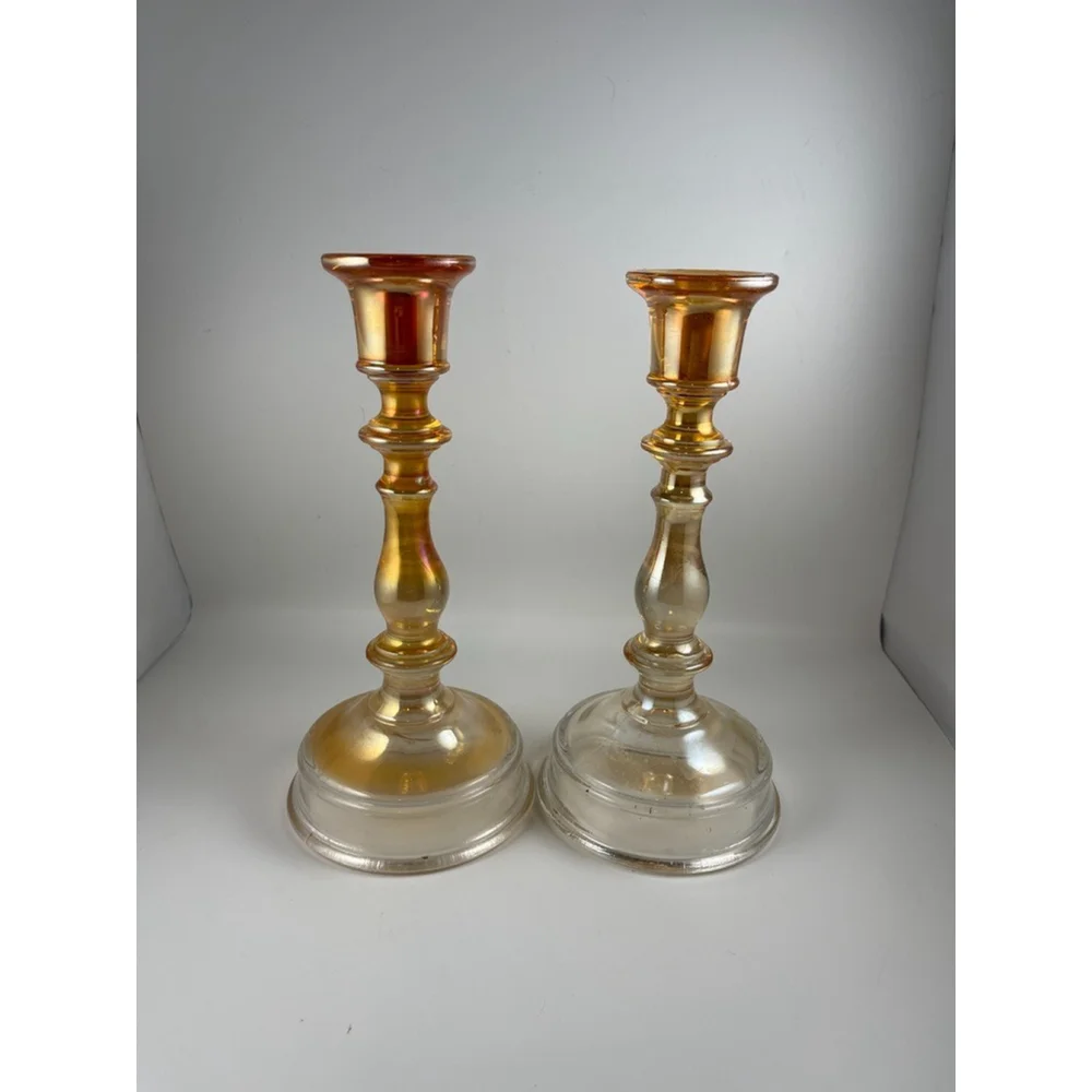 Vintage Pair of Imperial Glass Carnival Candle Holders Marigold Clear Base 8.5”